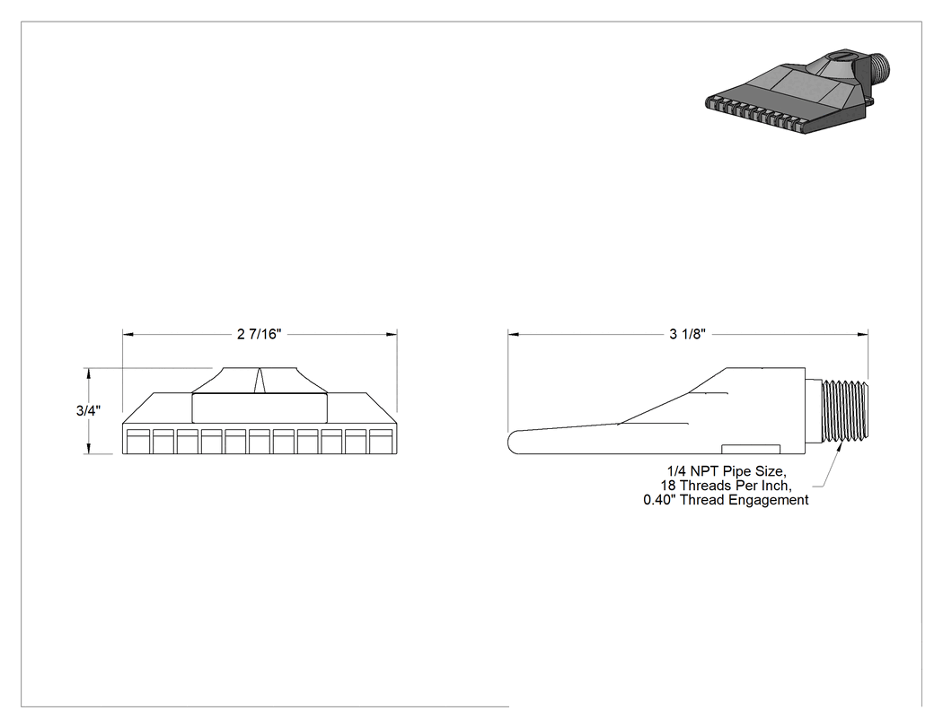 Teknik Çizim - Hava Nozulu, Ayarlanabilir Hava Akışı, 2-7/16" Genişlik Uç, 1/4 NPT Erkek Giriş