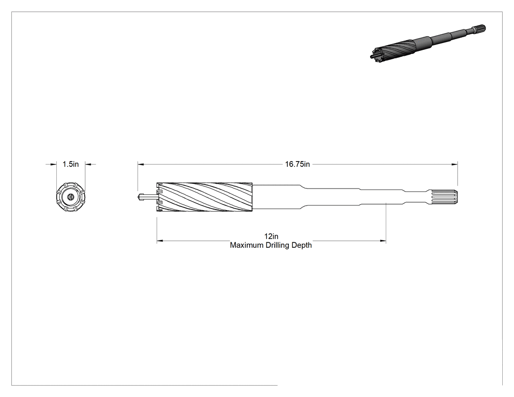 Teknik Çizim - Boyutu Değiştirilebilir Karbür Uçlu Delme Ucu, Duvar ve Beton için, Yivli Şaft, 1-1/2" Boyut