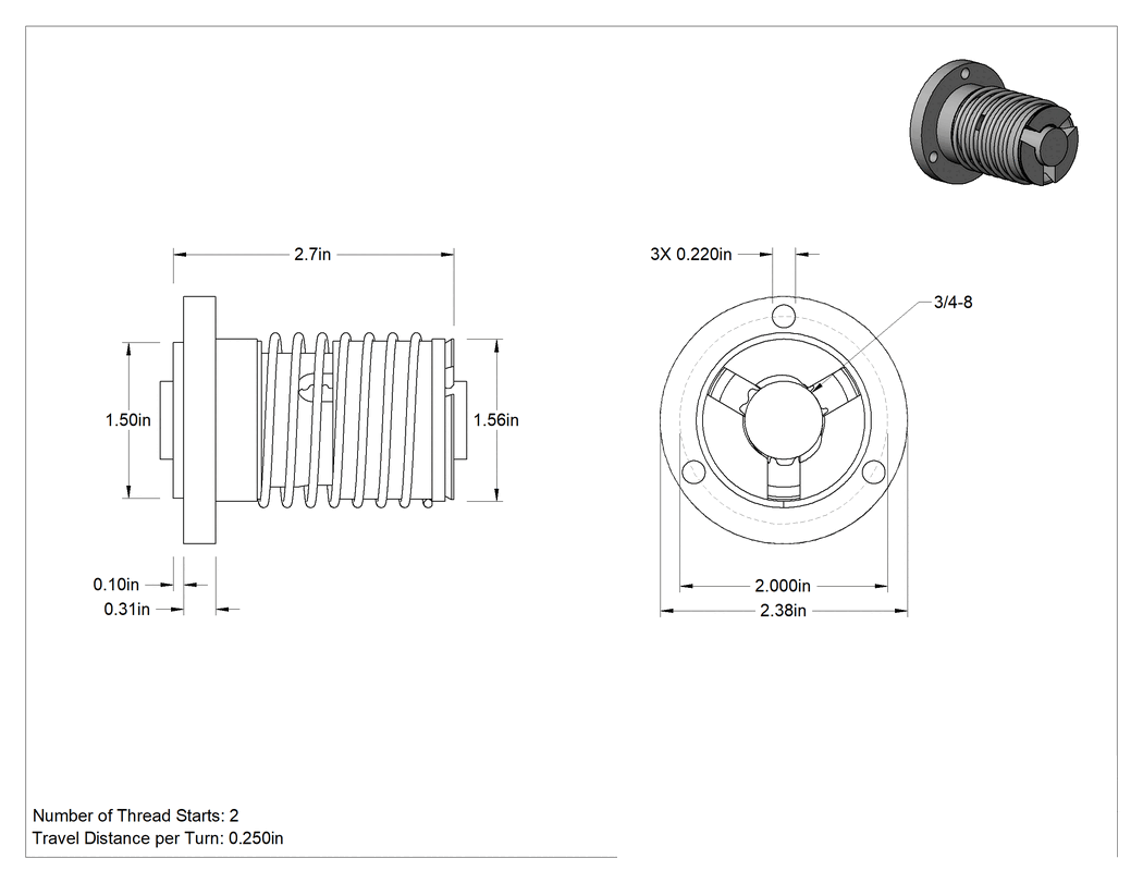 Teknik Çizim - Hızlı Hareketli Ultra Hassas Kılavuz Vidayı için Yaylı 3/4"-8 Dişli Somun