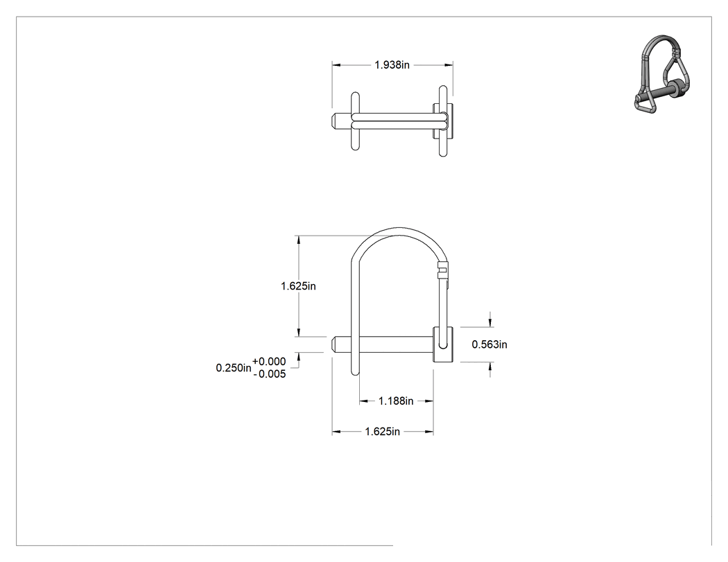 Teknik Çizim - Tel Tutuculu 18-8 Paslanmaz Çelik Çatal Pim, Yuvarlak ve Halkalı, 1/4" Çap, 1-1/8" Kullanılabilir Uzunluk