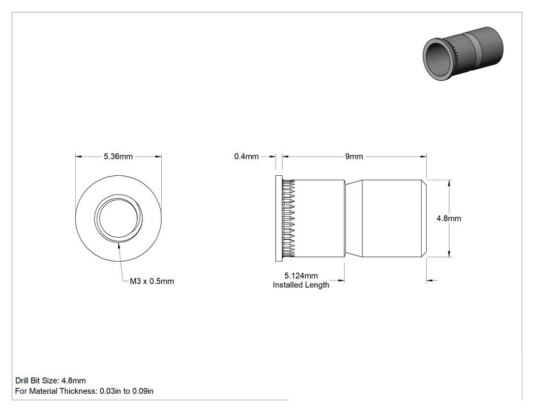 Teknik Çizim - Metrik Düşük Profilli Pop Somun, Kalay-Çinko Kaplı Çelik, M3 x 0.5 İç Diş, 9 mm Uzunluk