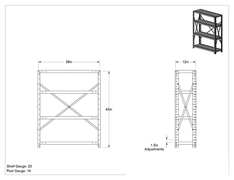 Teknik Çizim - Standart Hizmet Raf, 4 Raflı Açık, 36" Genişlik x 45" Yükseklik x 12" Derinlik