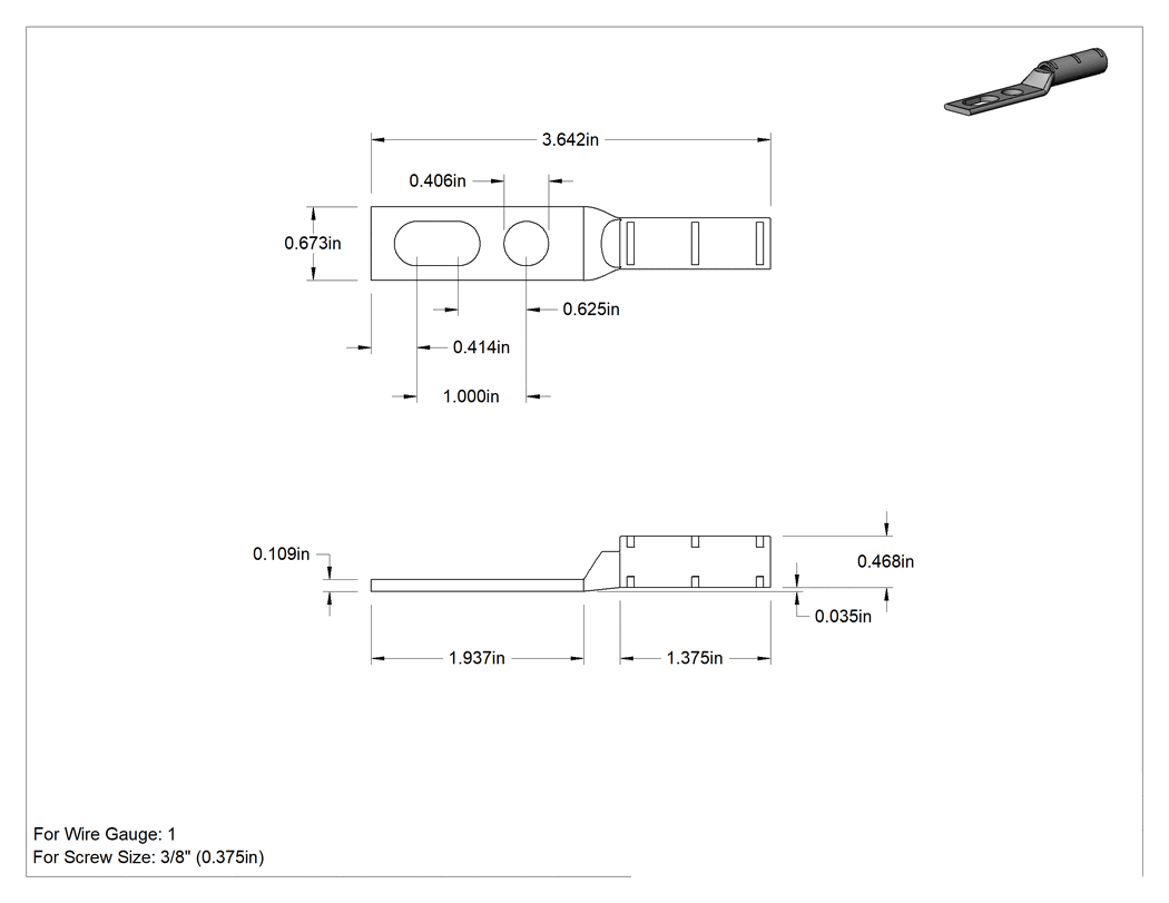 Teknik Çizim - Yivli Sıkıştırma Pabucu, 2 Delikli, 1 AWG ve 3/8" Vida Boyutu için