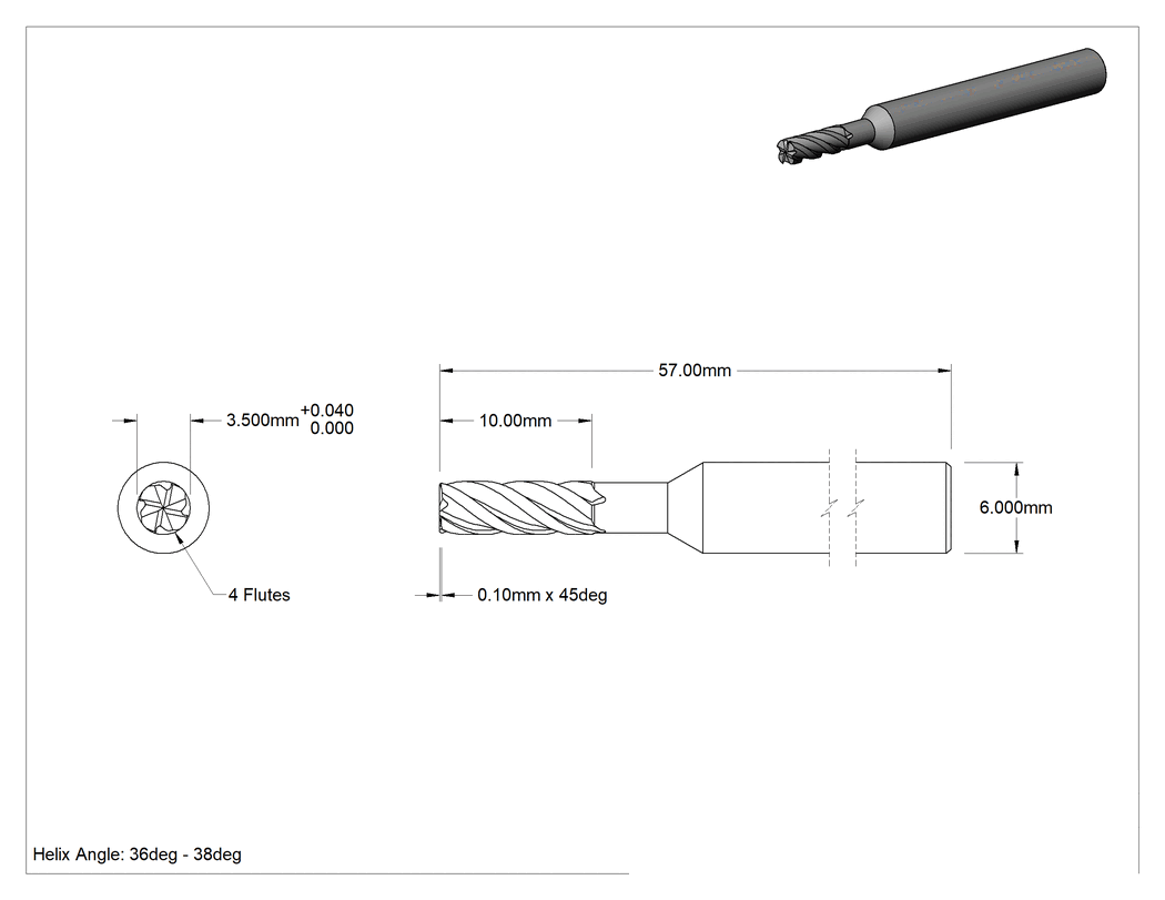 Teknik Çizim - Hızlı Kesim Karbür Kare Uçlu Freze, Pahlı Köşe, AlTiN Kaplamalı, 4 Kanallı, 3.5 mm Freze Çapı