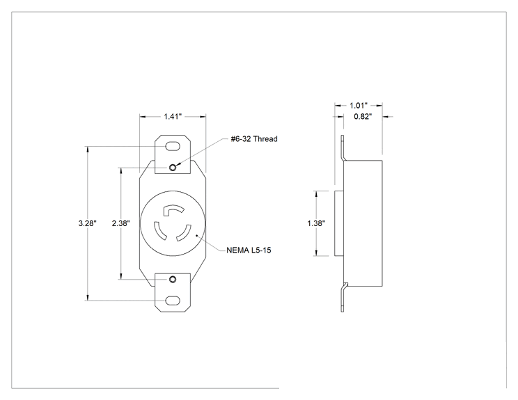 Teknik Çizim - Sınırlama Konektörü, Turn-Lock, Üç Yuvalı, Tek Yuva, NEMA, L5-15