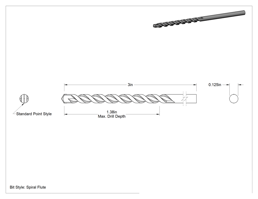 Teknik Çizim - Duvar ve Beton için Karbür Uçlu Matkap Ucu, Yuvarlak Şaft, Standart Uç, 1/8" Boyut, 3" Toplam Uzunluk
