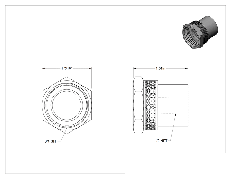 Teknik Çizim - Pirinç Bahçe Hortumu Bağlantı Parçası, Düz Adaptör, 3/4 GHT Dişi x 1/2 NPT Dişi