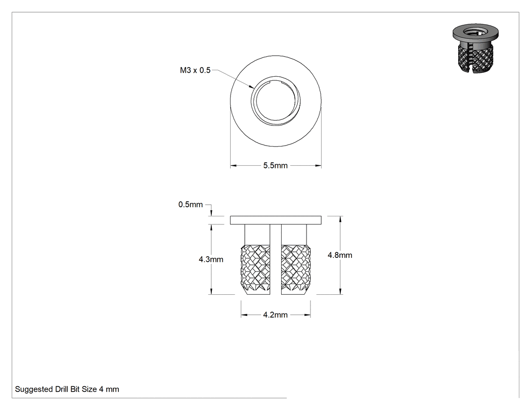 Teknik Çizim - Pirinç Vidalı Genişletme Ek Parçaları, Flanşlı, M3 x 0.5 mm Dişli, 4.8 mm Takılı Uzunluk