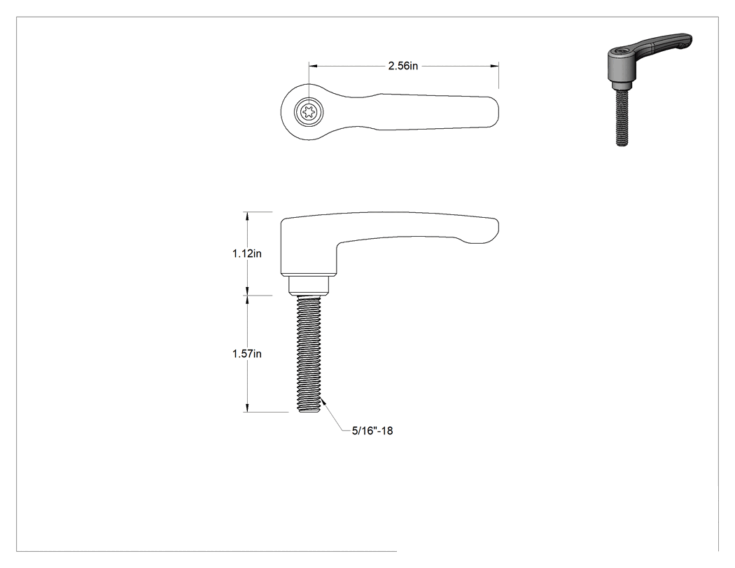 Teknik Çizim - Düşük Profilli Ayarlanabilir Tutamak, 5/16"-18 dişli 1-9/16" uzunluğunda saplamalı, Siyah Çinko