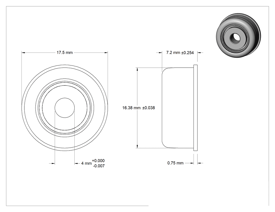 Teknik Çizim - Presle Takma Panel Montajlı Bilyalı Rulman, Açık, Çelik, 4 mm Mil Çapı için