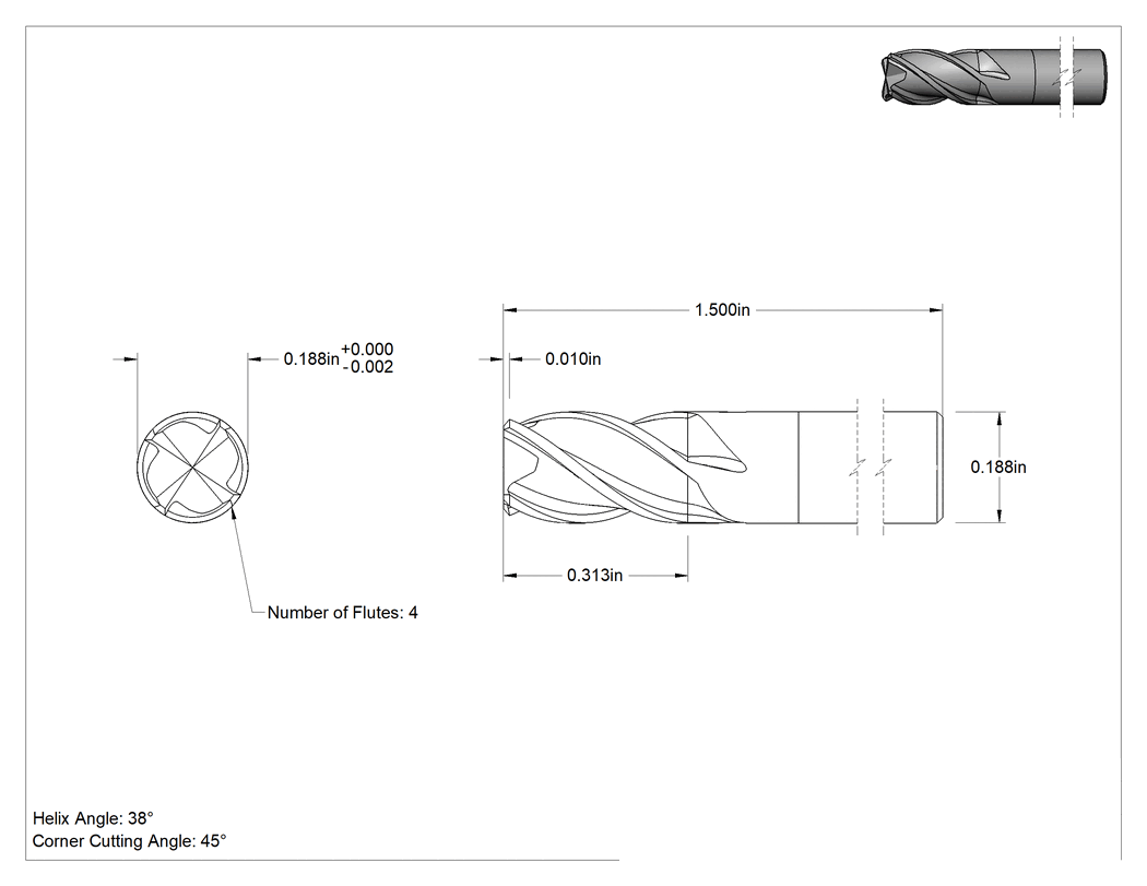 Teknik Çizim - Hızlı Kesim Karbür Uçlu Freze, Kare, AlTiN Kaplamalı, 4 Yiv, 3/16" Freze Çapı, 5/16" Uzunluğunda Kesim