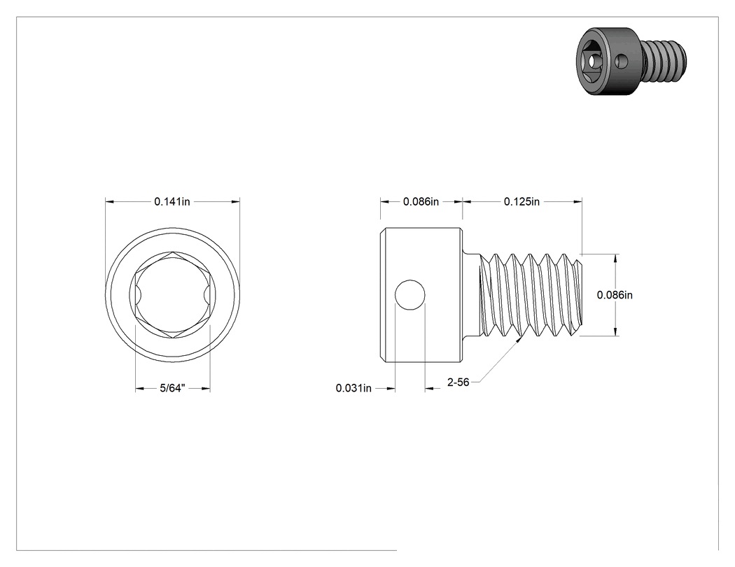 Teknik Çizim - Paslanmaz Çelik Tel Kilitlenebilir Alyan Başlı Vidalar, 2-56 Diş Boyutu, 1/8" Uzunluk