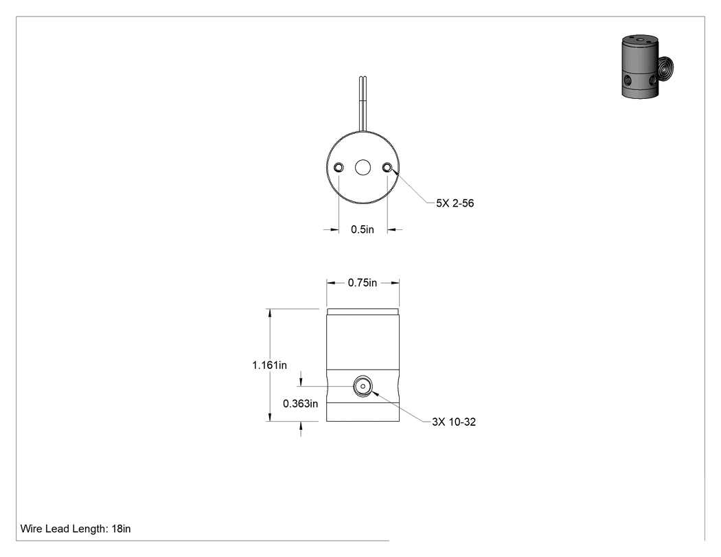 Teknik Çizim - Kimyasallar için Solenoid Yön Değiştirme Vanası, 12V DC, 10-32 UNF Dişi