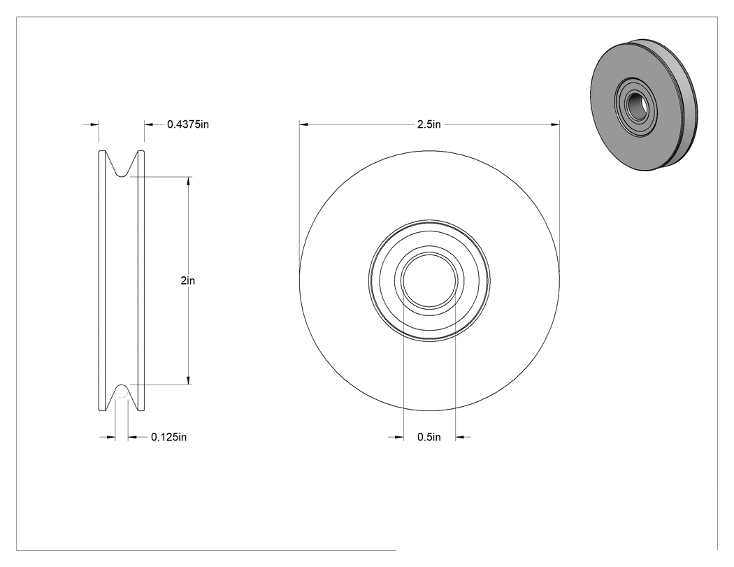 Teknik Çizim - Tel Halat için Kasnak, Kaldırma için, Rulman, 1/8" Halat Çapı, 675 lbs., Paslanmaz Çelik