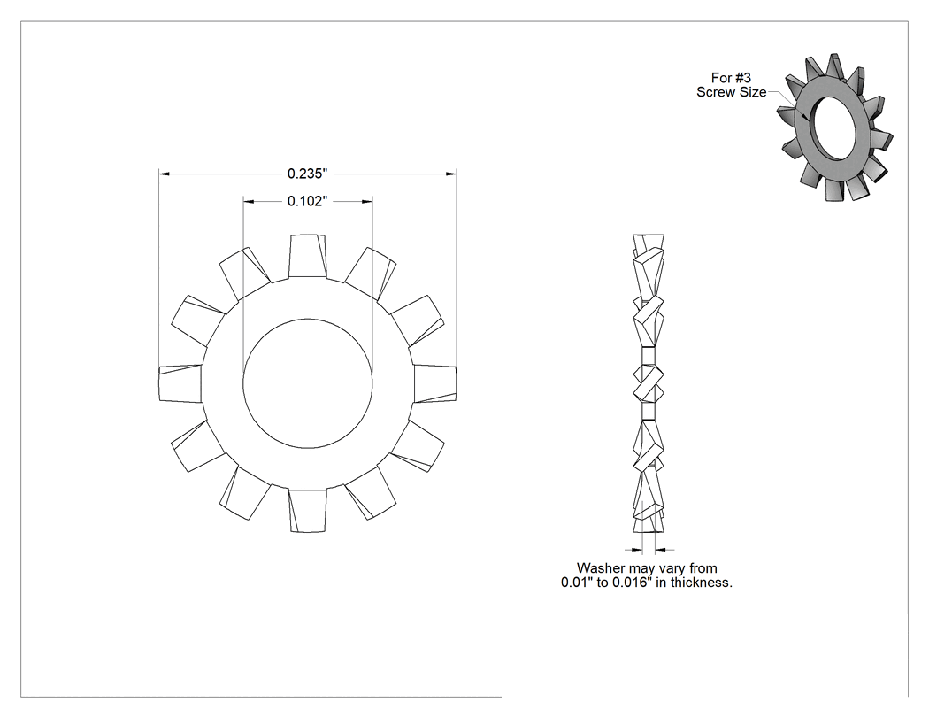 Teknik Çizim - 400 Serisi Paslanmaz Çelik Dış Dişli Kilit Pulları, 3 Numaralı Vida Boyutu için, 0.102" İç Çap, 0.235" Dış Çap