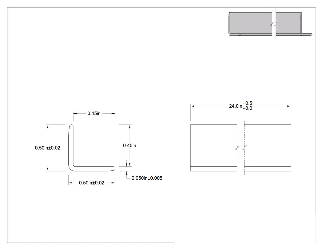 Teknik Çizim - Şeffaf Darbeye Dayanıklı Polikarbonat 90 Derece Açı, 0.05 inç Duvar Kalınlığı, 1/2" Yükseklik x 1/2" Dış Genişlik, 2 Fit Uzunluk