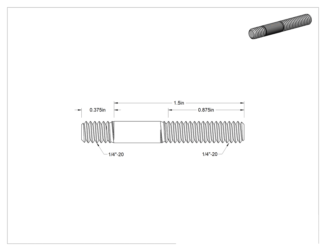 Teknik Çizim - Her İki Ucu Dişli Titreşime Dayanıklı Montaj Saplaması, 18-8 Paslanmaz Çelik, 1/4"-20 Diş, 3/8" x 7/8" Diş Uzunluğu, 1-1/2" Uzunluk