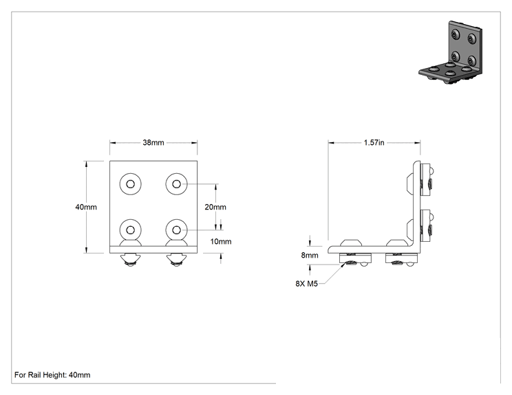 Teknik Çizim - T-Yivli Çerçeve, Gümüş Köşe Braketi, 1.63" Uzunluk, 40 mm Çift/Dörtlü Ray