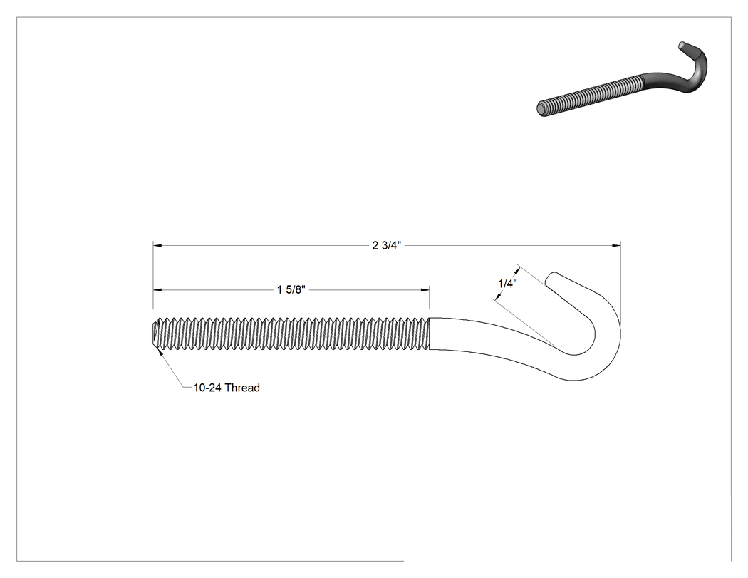 Teknik Çizim - 316 Paslanmaz Çelik Gerdirme - Kaldırma Amaçlı Değil, Sadece Kanca Ucu Bağlantısı, 3/16"-24 Sol Dişli