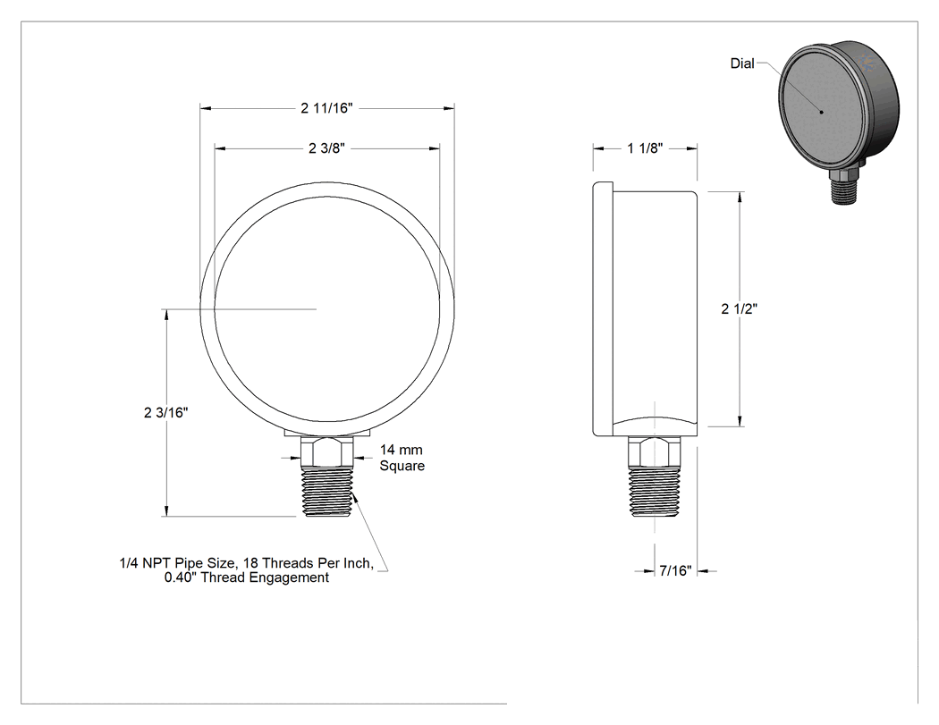 Teknik Çizim - 2-1/2" Kadranlı Titreşime Dayanıklı Gösterge, Vakum, 1/4 NPT Alt Bağlantı, 30 ila 0 in. Hg