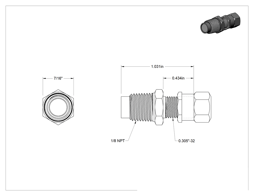 Teknik Çizim - Hava Doldurma Vanası, Paslanmaz Çelik, NPT x 7/16" Uzunluğunda Schrader, 4000 PSI