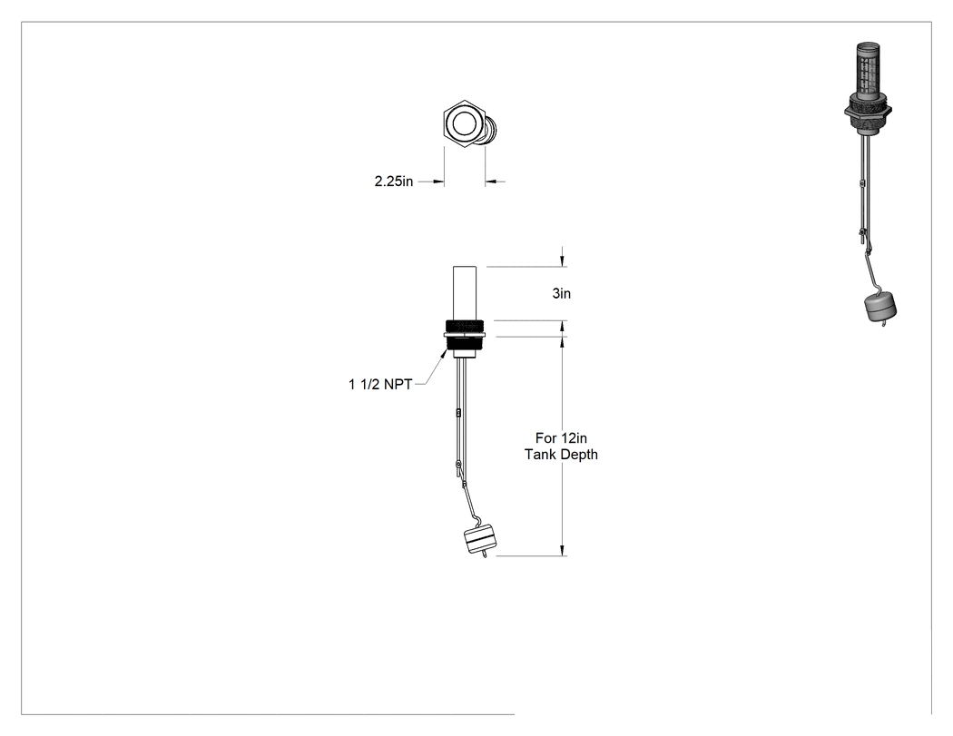 Teknik Çizim - Kimyasal Dayanıklı Dikey Montajlı Sıvı Seviye Göstergesi, 12" Tank Derinliği için, 1-1/2 NPT Erkek