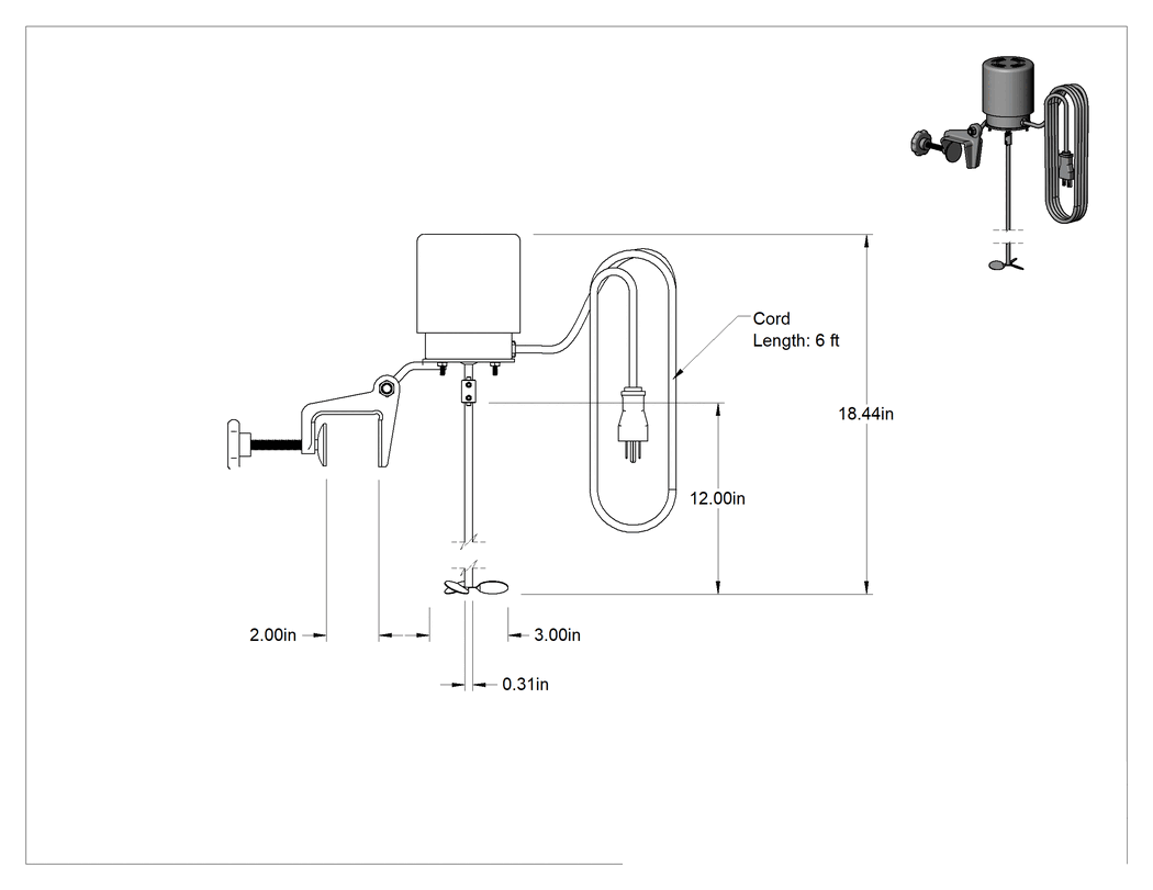 Teknik Çizim - Küçük Partiler için Kelepçe Montajlı Elektrikli Karıştırıcı, 120V AC, 12" Uzunlukta Mil