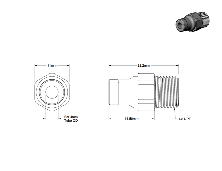 Teknik Çizim - Gıda ve İçecek için Paslanmaz Çelik Bas-Bağlan Bağlantı Parçası, 4 mm Boru Dış Çapı x 1/8 NPT Erkek için Düz Adaptör
