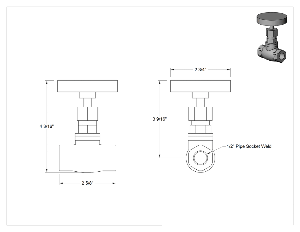Teknik Çizim - 316 Paslanmaz Çelik Akış Ayar Valfi, 1/2 Soket Bağlantılı Dişi