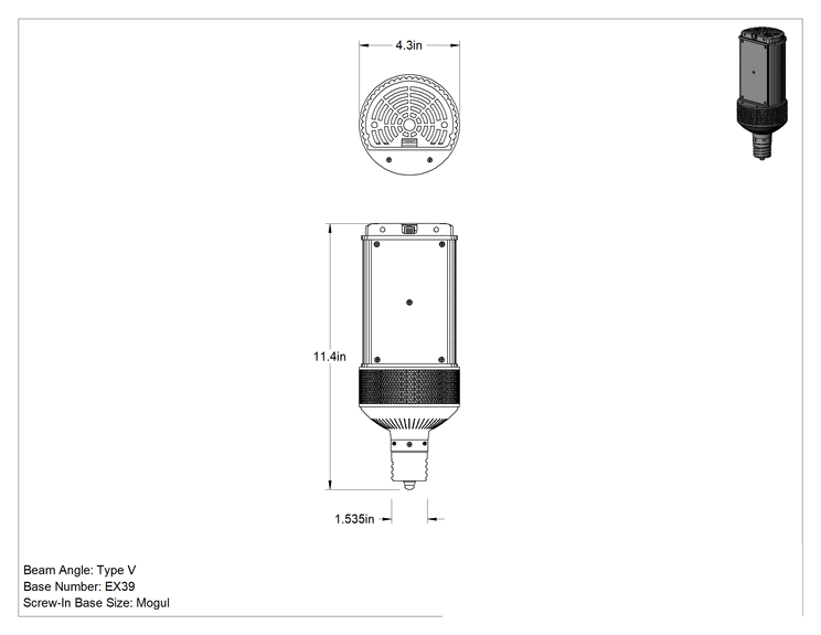 Teknik Çizim - Tehlikeli Ortamlar (HID) Işıkları için LED Ampul, EX39 Taban, Projektör lambası için, 400 W Metal Halide Eşdeğeri