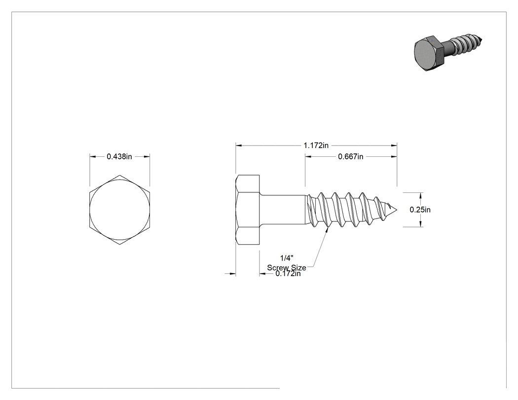 Teknik Çizim - 316 Paslanmaz Çelik Altıköşe Başlı Ahşap Vida, 1/4" Boyut, 1" Uzunluk