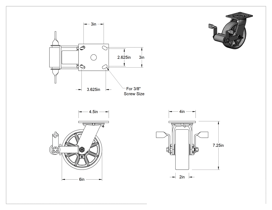 Teknik Çizim - 4-1/2" x 4" Plakalı Yüksek Kapasiteli Spartan Tekerlek, Frenli Döner Tekerlek ve 6 inç Çapında Açık Rulmanlı Metal Tekerlek