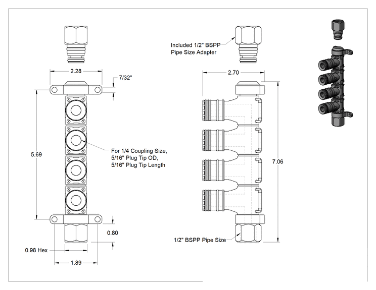Teknik Çizim - Hava için ARO Hızlı Bağlantı Hortum Bağlantısı, Çinko Kaplı Çelik Manifold Adaptörü, 1 Giriş, 4 Çıkış