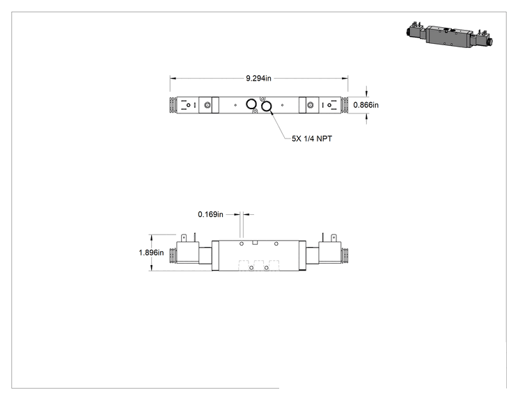 Teknik Çizim - Elektrikli Hava Yön Kontrol Vanası, Eşzamanlı Çift Etkili, 1/4 NPT Dişi, 24V DC