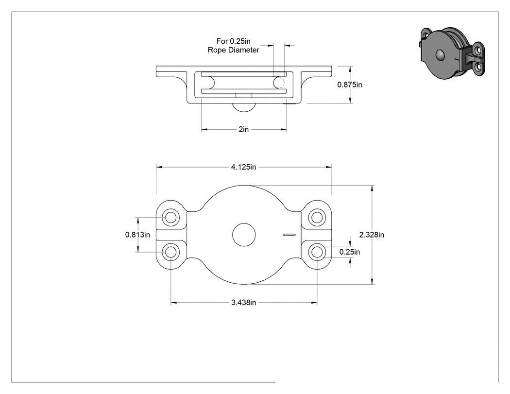 Teknik Çizim - Yatay Çekme için Tel Halatlı Montajlı Kasnak, Tek Oluklu, 1/4" Çaplı Halat için, 2" Dış Çap, 7/8" Genişlik