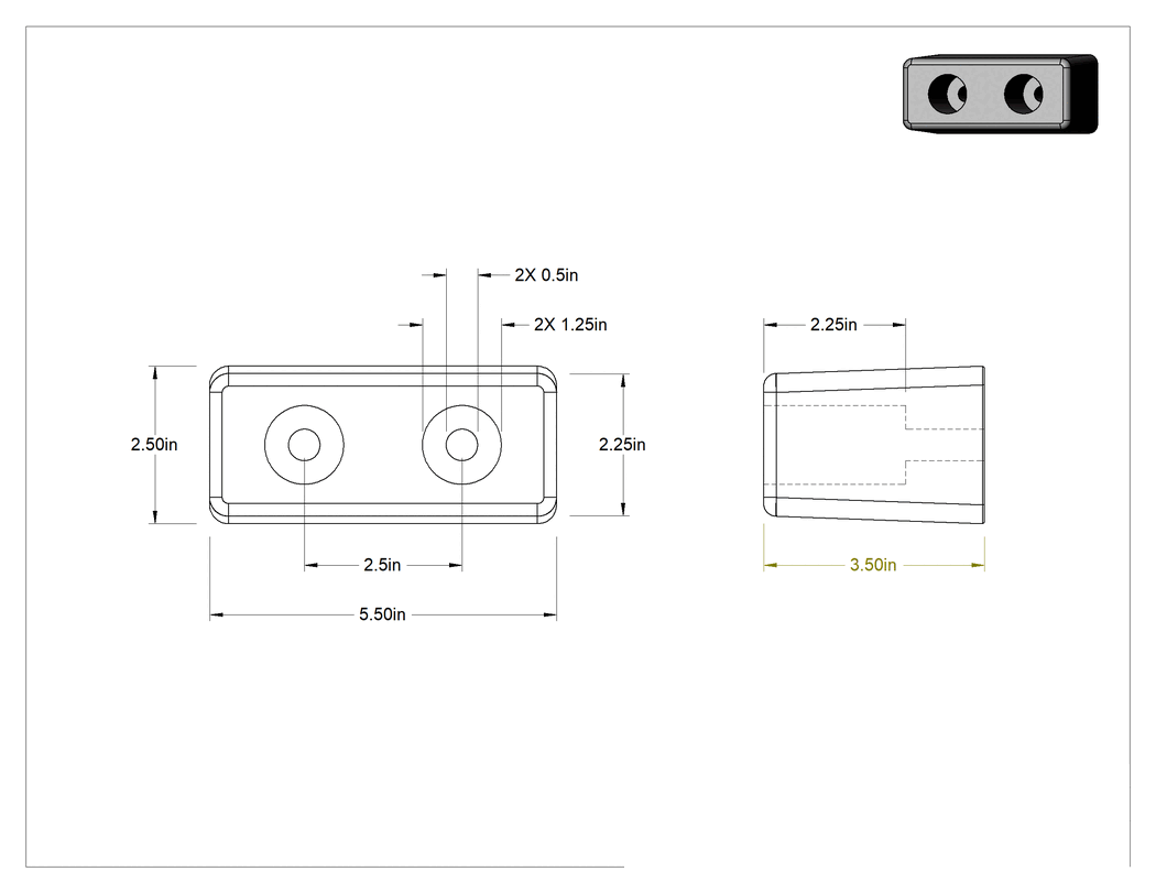 Teknik Çizim - Araç Montajlı Tampon, 2-1/2" Yükseklik x 5-1/2" Genişlik x 3-1/2" Derinliğinde Toplam