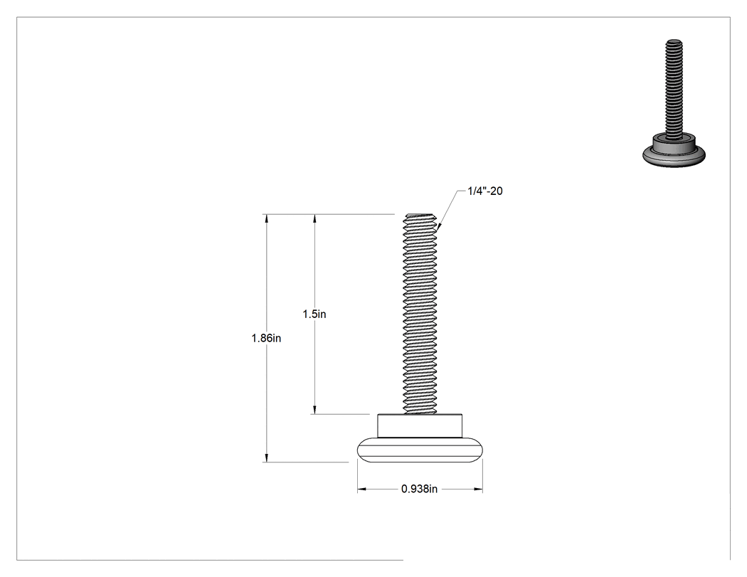 Teknik Çizim - Çinko Kaplı Çelik Saplamalı Sert Tesviye Bağlantı Elemanları, Kolay Kaydırma, Nikel Kaplı Çelik Kaydırıcı, 1.5 inç Uzunlukta 1/4 inç-20 Diş