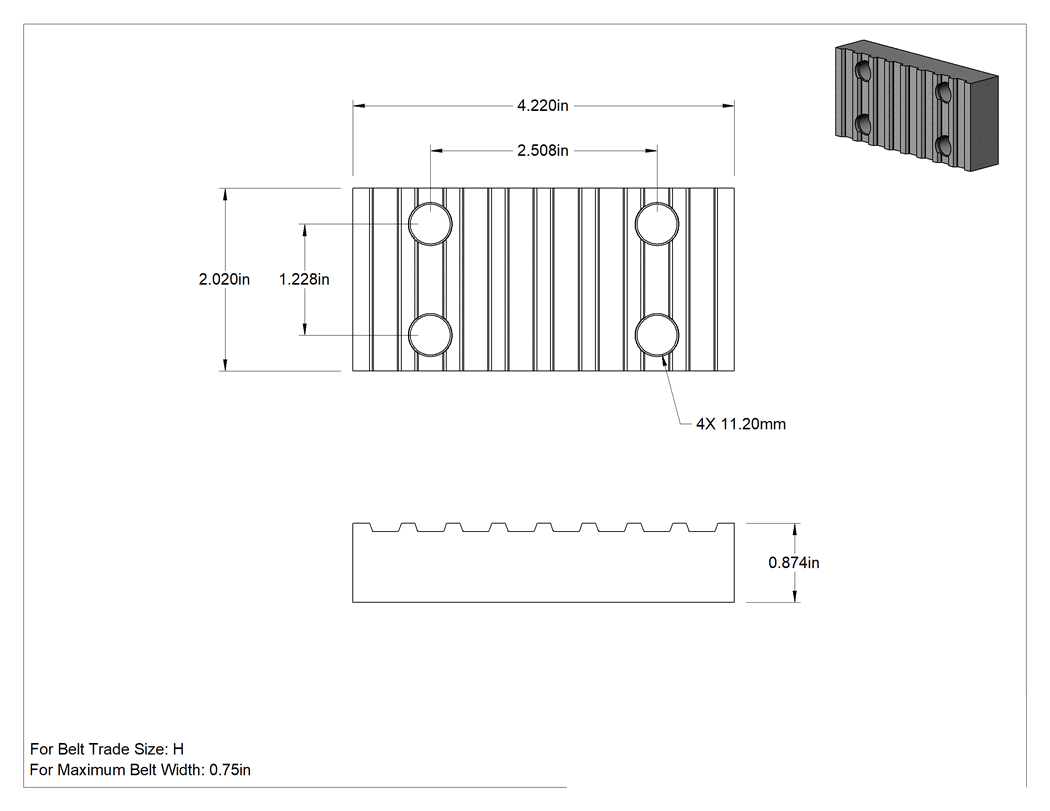 Teknik Çizim - Anma Ölçüsü H Triger Kayışı için 4.21 inç Uzunluk x 2.01 inç Genişlikte Uç Plakası