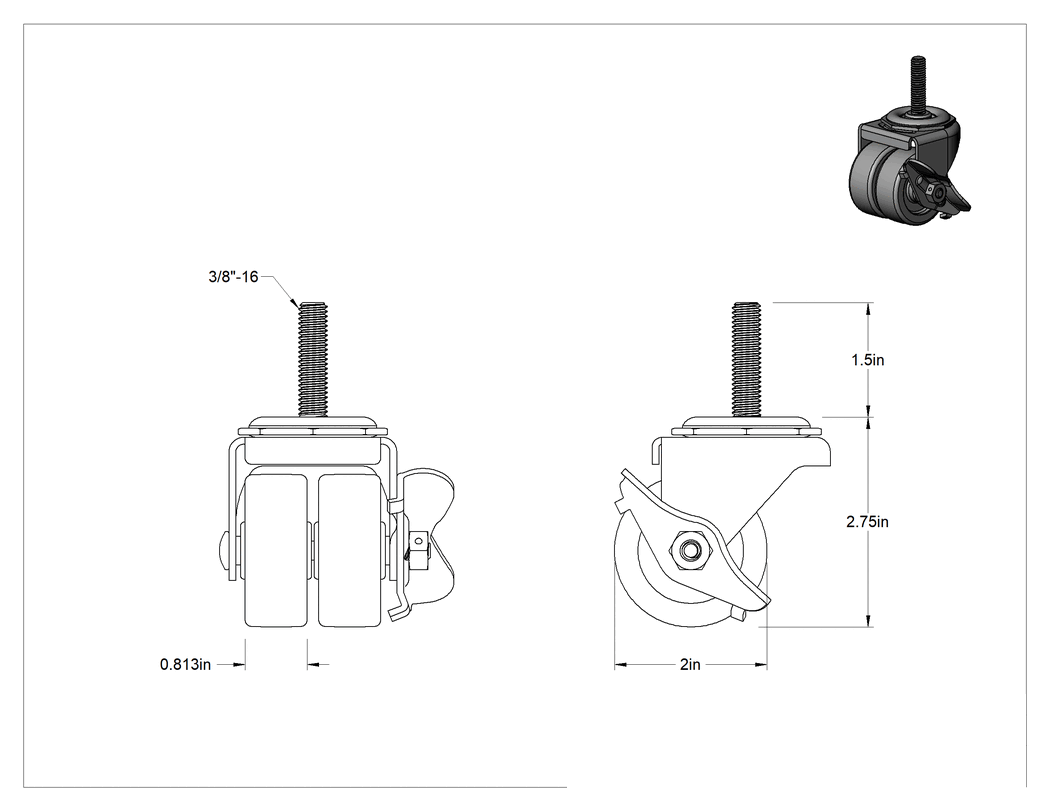 Teknik Çizim - Dişli Saplı Döner Tekerlek, Frenli, 3/8"-16 Dişli ve 2" Çaplı Polipropilen Tekerlek
