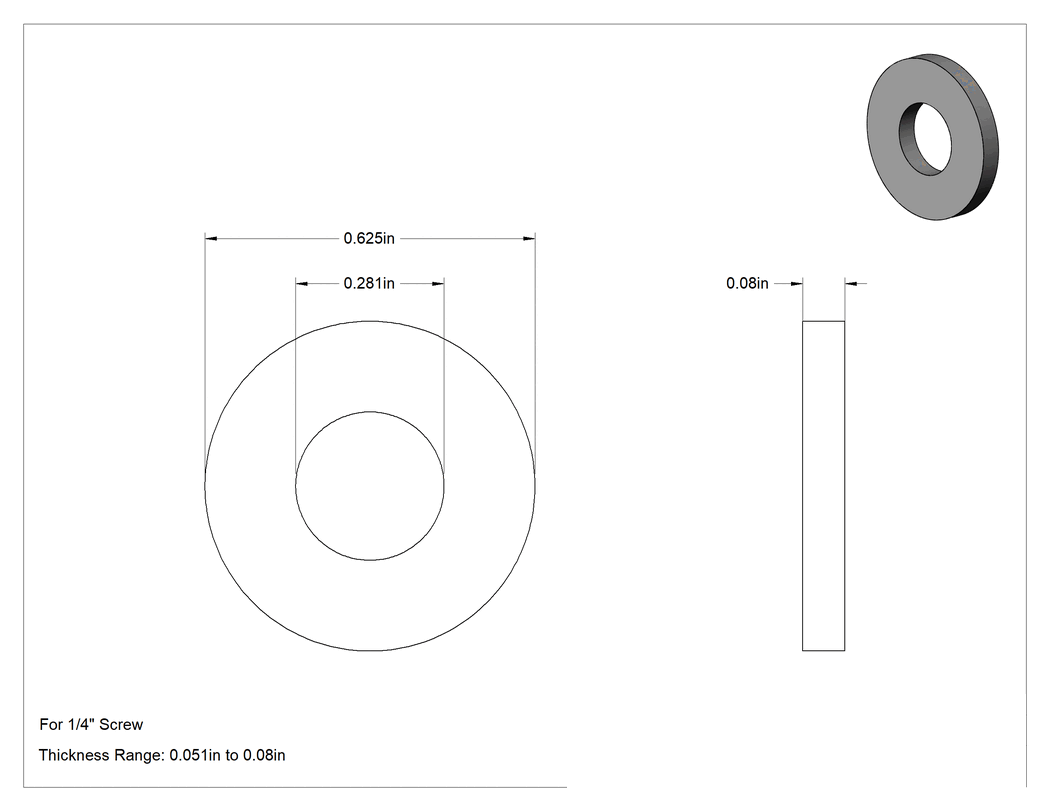 Teknik Çizim - Siyah Paslanma ve Aşınmaya Dayanıklı Kaplamalı Çelik SAE Pul, 1/4" Vida Boyutu için, 0.281" İç Çap, 0.625" Dış Çap