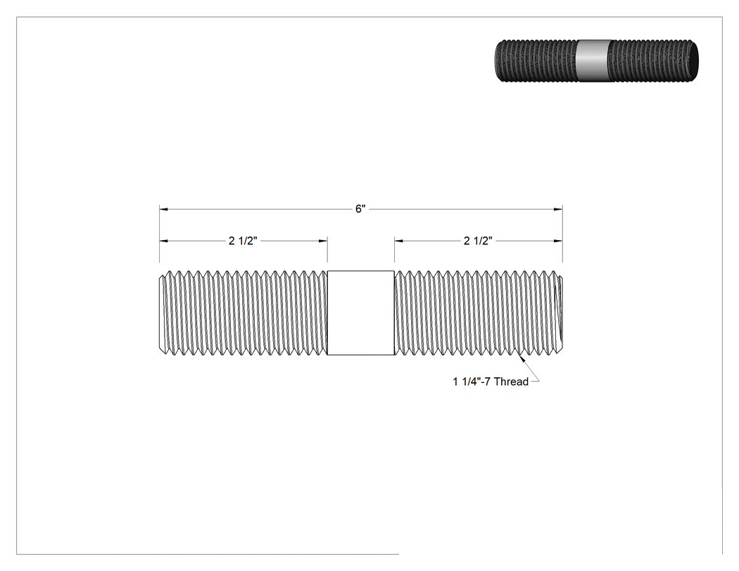 Teknik Çizim - Her İki Ucu Dişli Çelik Kurulum Saplaması, 1-1/4"-7 Diş Boyutu, 2-1/2" Diş Uzunlukları, 6 inç Uzunluk