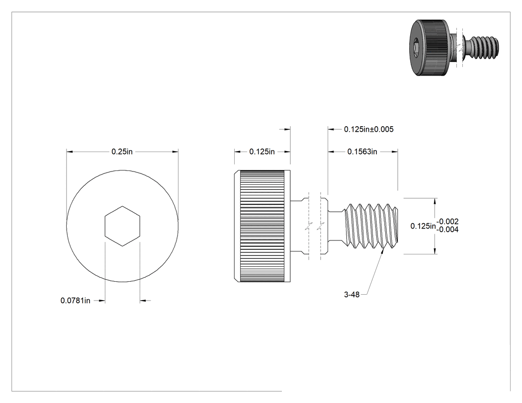Teknik Çizim - Siyah Oksit Kaplamalı 18-8 Paslanmaz Çelik Omuzlu Vida, 1/8" Omuz Çapı, 1/8" Omuz Uzunluğu, 3-48 Diş Boyutu