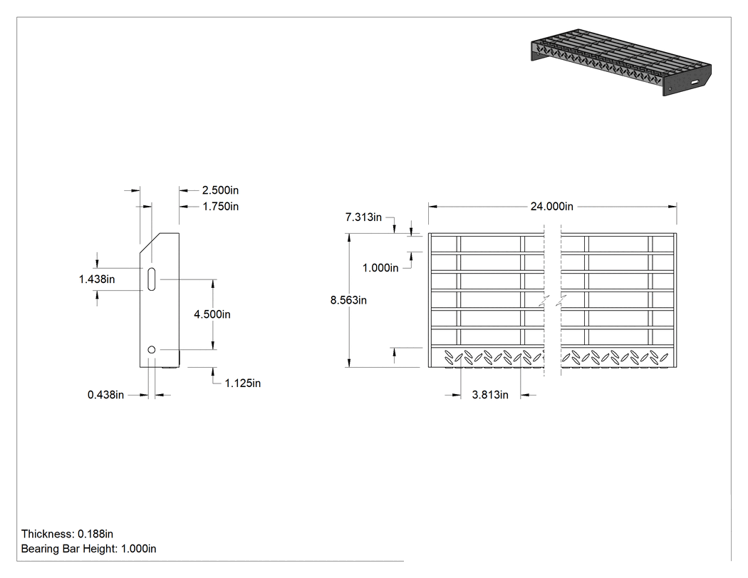 Teknik Çizim - Çubuk Izgaralı Merdiven Basamağı, Pürüzsüz, Toz Boyalı Çelik, 24" Genişlik x 8-9/16" Derinlik