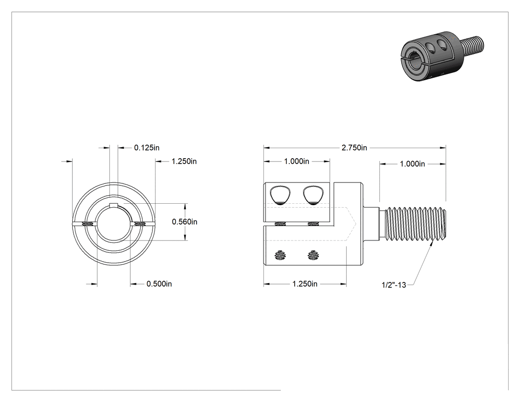 Teknik Çizim - Dişli Mil Adaptörü, 1/2" Çaplı Tırnaklı Şaftlar için
