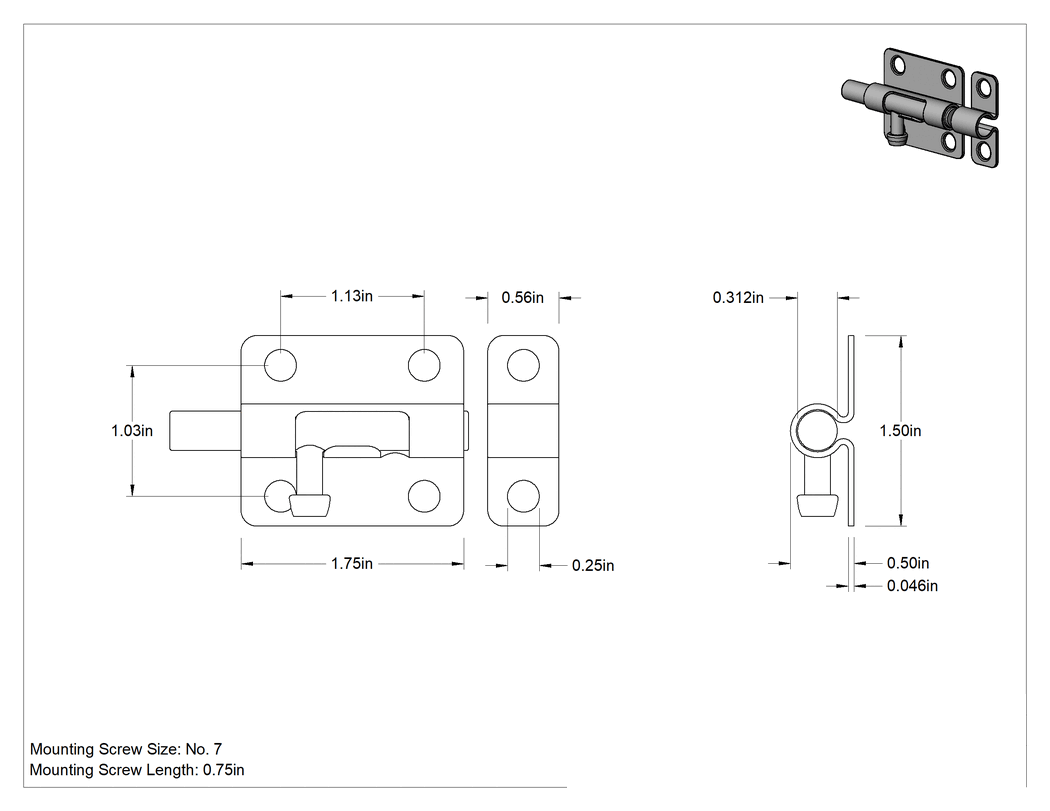 Teknik Çizim - Kaldır-Bırak Namlu Kayar Cıvata Mandalı, Çinko Kaplı Çelik, 1-3/4" Genişlik x 1-1/2" Yükseklik