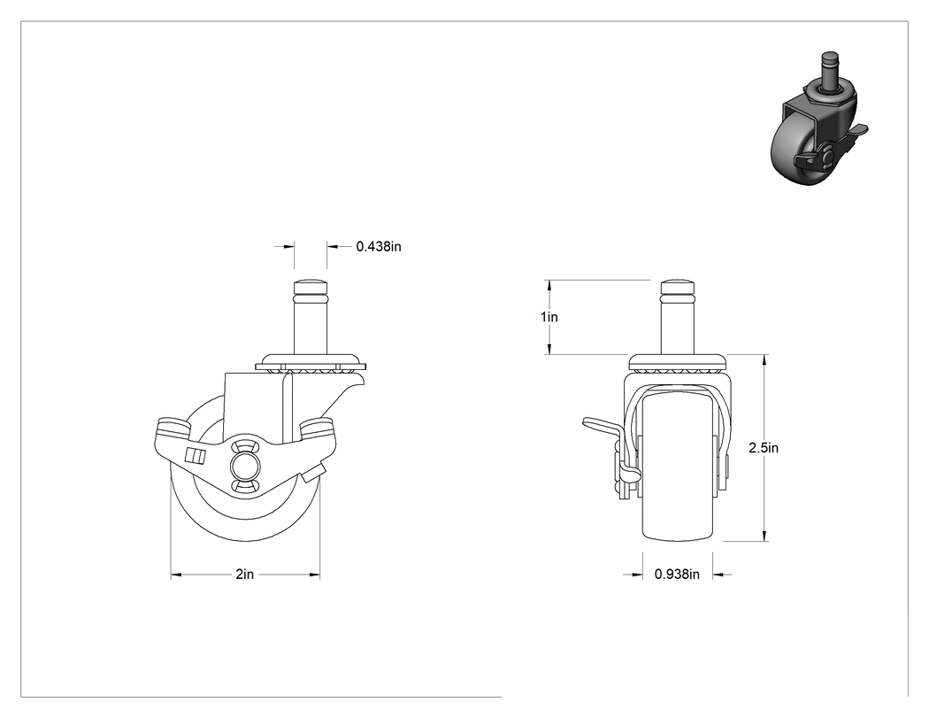 Teknik Çizim - Tutuş Halkalı Sürtünmeli Tutuşlu Saplı Tekerlek, Frenli ve 2" Çapında x 7/8" Genişliğinde 80D Kauçuk Tekerlekli Döner Tekerlek