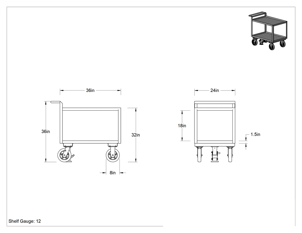 Teknik Çizim - Ofset Saplı ve 2 Raflı Çelik Arabası, 2400 lb. Toplam Kapasite, 36 inç x 24 inç Kenarlı Raf, Zemin Kilidi