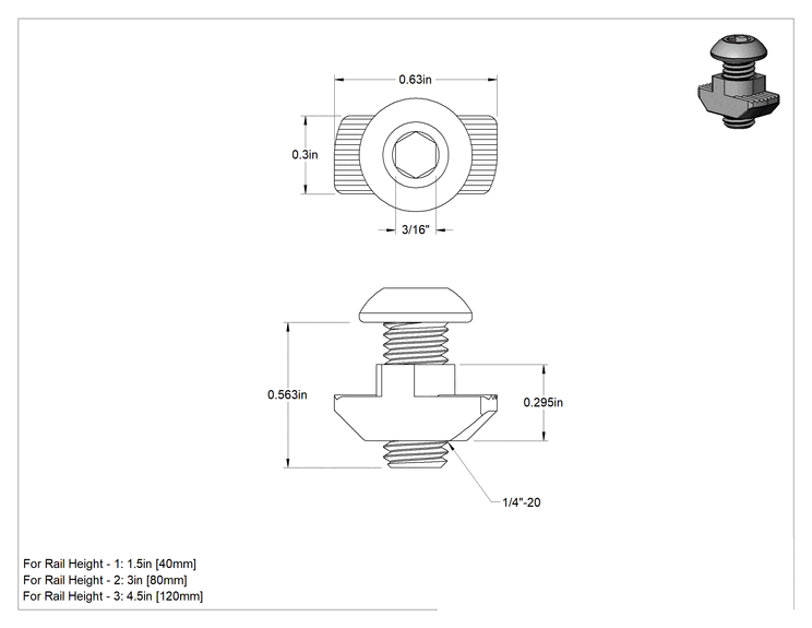 Teknik Çizim - T-Yivli Çerçeve, Çekiç Somunu ve 1/4"-20 Düğme Başlı 1.5" ve 40 mm Ray
