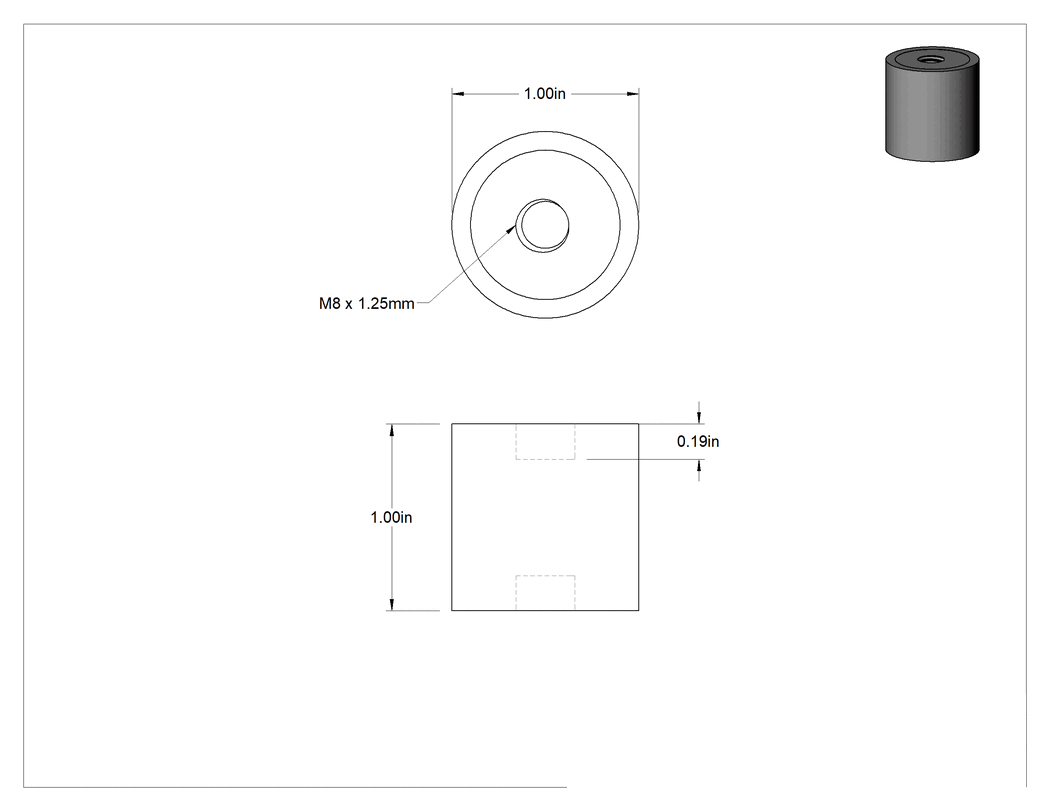 Teknik Çizim - Doğal Kauçuk Titreşim Sönümleyici Sandviç Montaj, M8 x 1.25 mm Dişli Çelik Ek Parça ile, 55 lbs. Kapasite