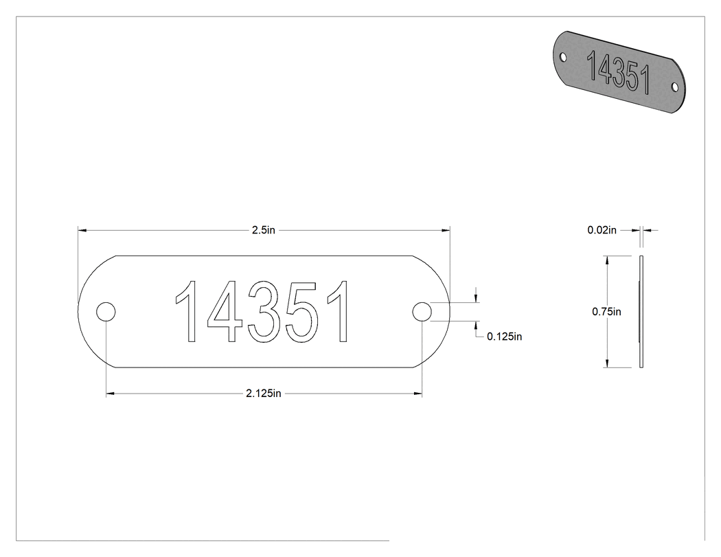Teknik Çizim - Kabartmalı Mesaj Plakası, Numaralı, Paslanmaz Çelik Dikdörtgen, 3/4" yüksekliğinde x 2-1/2" genişliğinde
